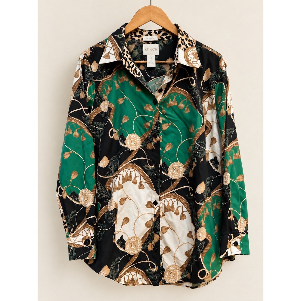 Chicos No-Iron Scarf Print Button Down Shirt Green Black Gold Size 3 XL Cotton